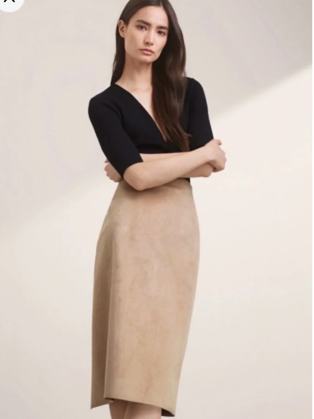 Aritzia Babaton Faux Suede Chuck Midi Skirt in Tawny Tan Size 10